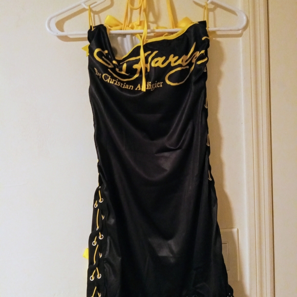 Ed Hardy Black Dress with Floral Skull and Yellow Accents - Picture 2 of 2